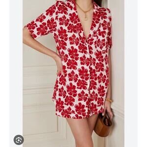 NEW Faithfull The Brand Linen Shirt Dress Size 4 Red White Floral Charlita